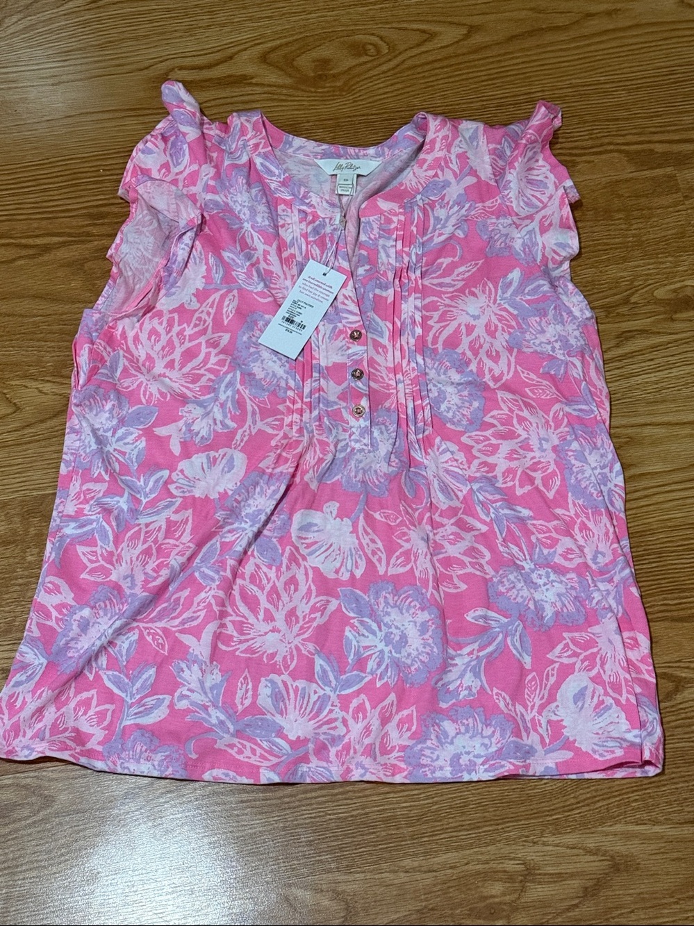 Lilly Pulitzer Pink & Lavender Floral Ruffle Sleeve Henley Top
